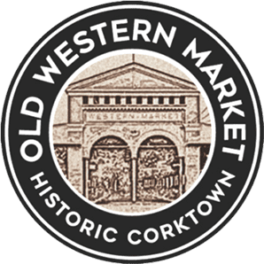 A black and white picture of the old western market logo.