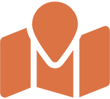 A green and orange logo with an image of a map.