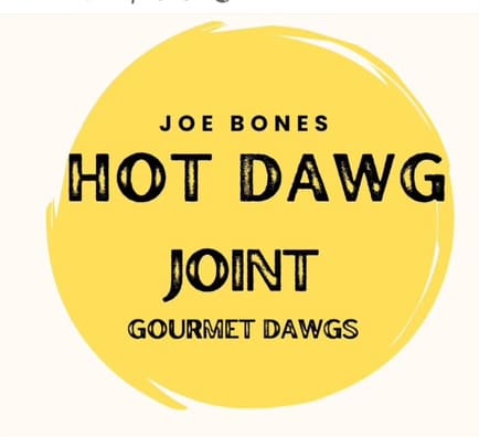 A yellow circle with the words " hot dawg joint gourmet dawgs ".