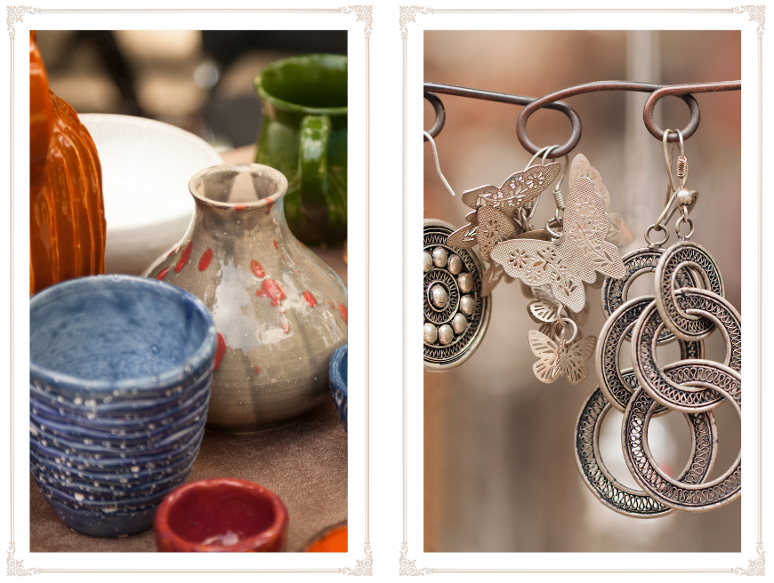 A table with two different types of pottery.