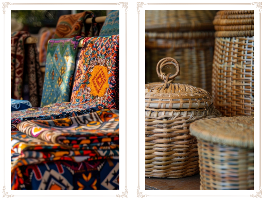 Two pictures of baskets and a chair.