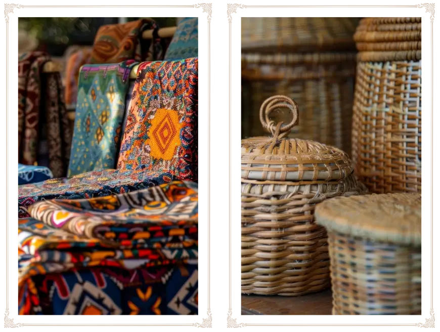 Two pictures of baskets and a chair.